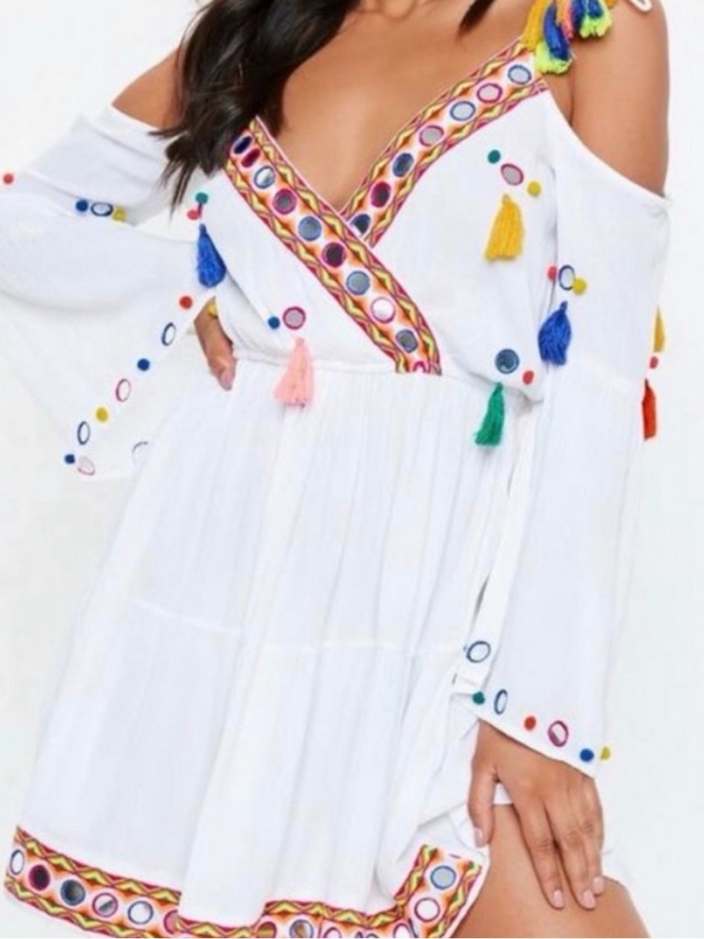 White Tassel Embroidered Cold-Shoulder Dress cover up